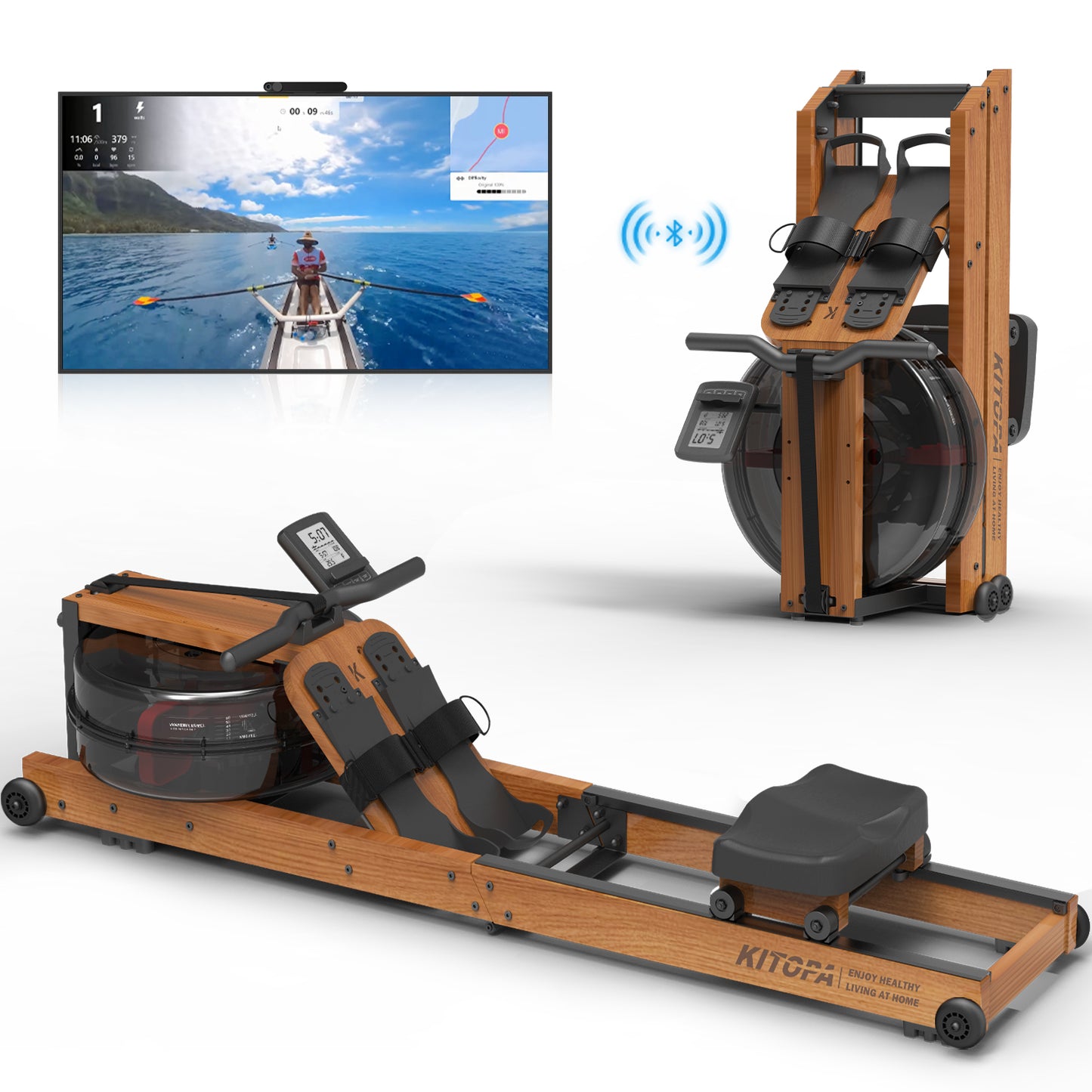 Kitopa Rudergerät für Zuhause aus Eiche, Klappbar Rudergerät mit Bluetooth Display & Verstellbarer Handy-Halter, Rudergerät Wasser mit 30 Tage kostenlose Kinomap-Mitgliedschaft, Max Benutzerhöhe 2m
