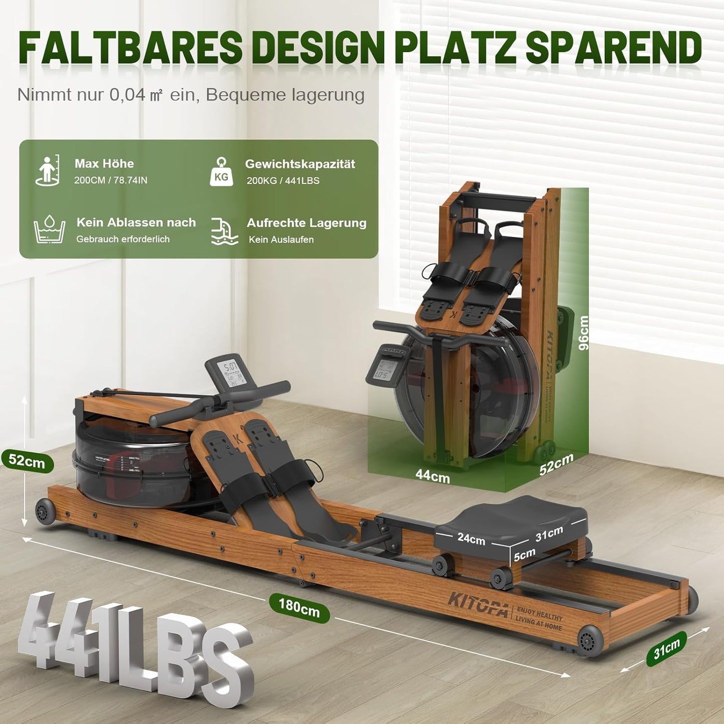 Kitopa Rudergerät für Zuhause aus Eiche, Klappbar Rudergerät mit Bluetooth Display & Verstellbarer Handy-Halter, Rudergerät Wasser mit 30 Tage kostenlose Kinomap-Mitgliedschaft, Max Benutzerhöhe 2m