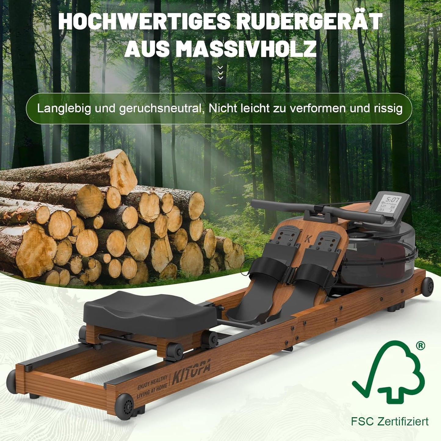 Kitopa Rudergerät für Zuhause aus Eiche, Klappbar Rudergerät mit Bluetooth Display & Verstellbarer Handy-Halter, Rudergerät Wasser mit 30 Tage kostenlose Kinomap-Mitgliedschaft, Max Benutzerhöhe 2m