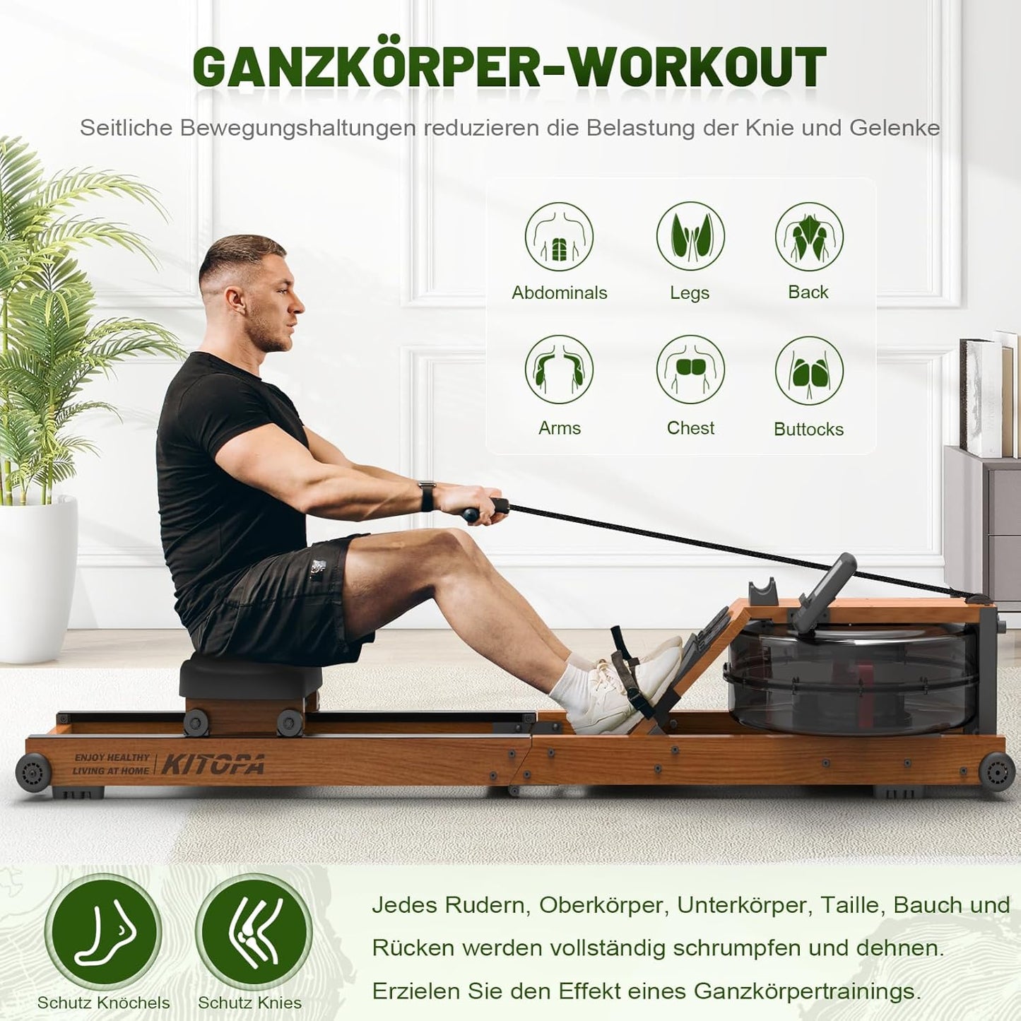 Kitopa Rudergerät für Zuhause aus Eiche, Klappbar Rudergerät mit Bluetooth Display & Verstellbarer Handy-Halter, Rudergerät Wasser mit 30 Tage kostenlose Kinomap-Mitgliedschaft, Max Benutzerhöhe 2m