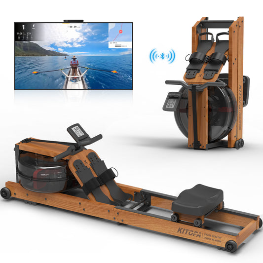 Kitopa Rudergerät für Zuhause aus Eiche, Klappbar Rudergerät mit Bluetooth Display & Verstellbarer Handy-Halter, Rudergerät Wasser mit 30 Tage kostenlose Kinomap-Mitgliedschaft, Max Benutzerhöhe 2m