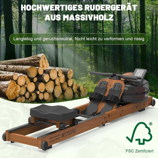 Kitopa Rudergerät für Zuhause aus Eiche, Klappbar Rudergerät mit Bluetooth Display & Verstellbarer Handy-Halter, Rudergerät Wasser mit 30 Tage kostenlose Kinomap-Mitgliedschaft, Max Benutzerhöhe 2m
